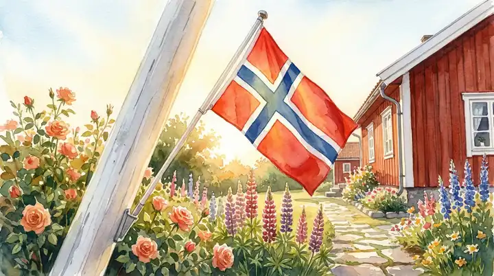 Norsk flagg vaier i sommervind på Dronning Sonjas fødselsdag 4. juli