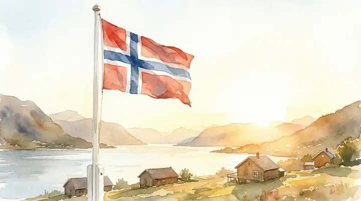 Akvarellmaleri av norsk flagg som vaier over fjordlandskap med fjell og trehus i sommerlys