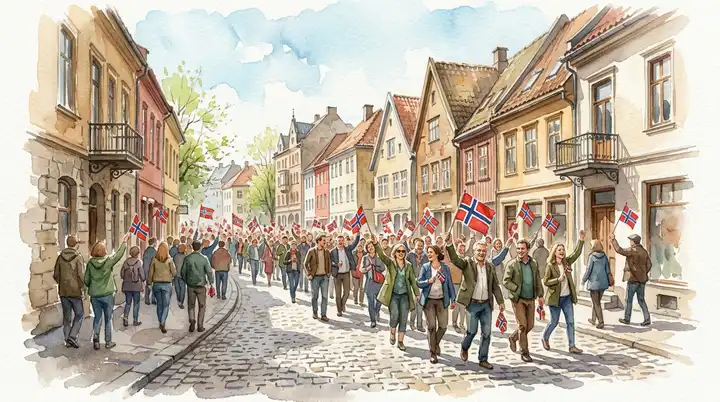 Akvarellmaleri av folkemengde med norske flagg i bygatene på frigjøringsdagen 8. mai