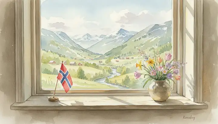 Akvarell av norsk vinduskarm med flagg og vårblomster, utsikt over grønn dal og fjell