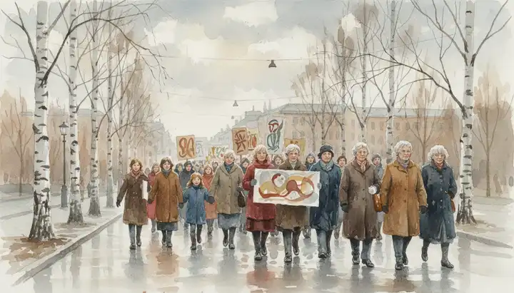 Akvarellmaleri av kvinner i demonstrasjonstog gjennom norsk bygate på kvinnedagen 8. mars, med plakater og bjørketrær langs veien