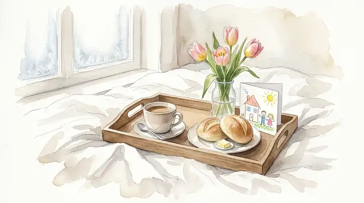 Akvarellmaleri av morsdagsfrokost på sengen med kaffe, rundstykker, tulipaner og hjemmelaget kort