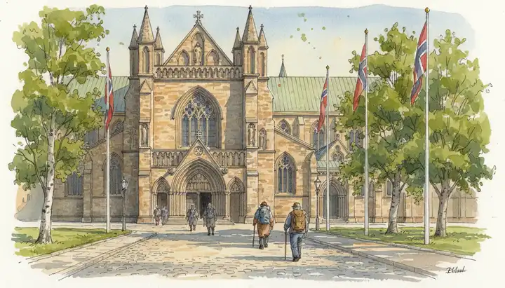 Akvarellmaleri av Nidarosdomen i Trondheim med pilegrimer som nærmer seg katedralen en varm sommerdag med norske flagg