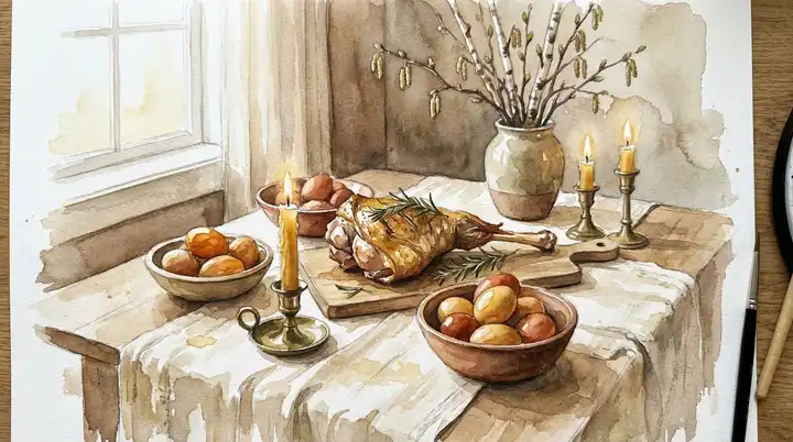 Akvarellillustrasjon av norsk påskebord med lammelår, løkskallfargede egg, stearinlys i messingholdere og gåsunger i vase