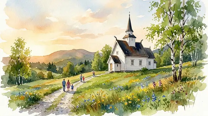 Akvarellillustrasjon av hvit norsk trekirke på grønn åsside med blomstereng, bjørketrær og folk på grusvei i vårlig pinsekveld