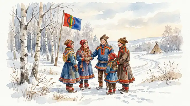 Akvarellmaleri av samer i fargerike kofter samlet utendørs en vinterdag med det samiske flagget og bjørketrær i bakgrunnen