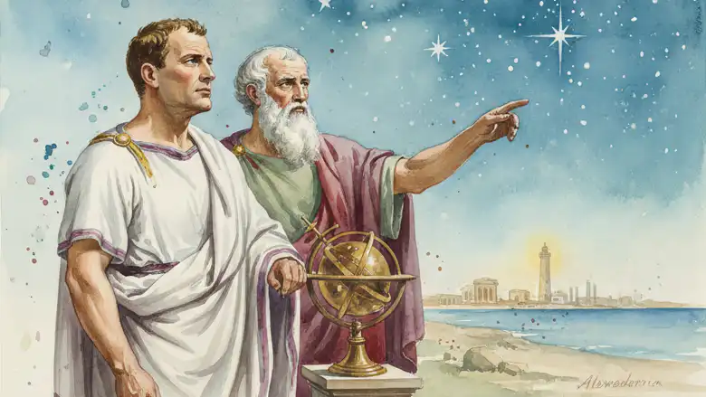 Julius Cæsar i toga som lytter oppmerksomt mens den greske astronomen peker mot stjernehimmelen