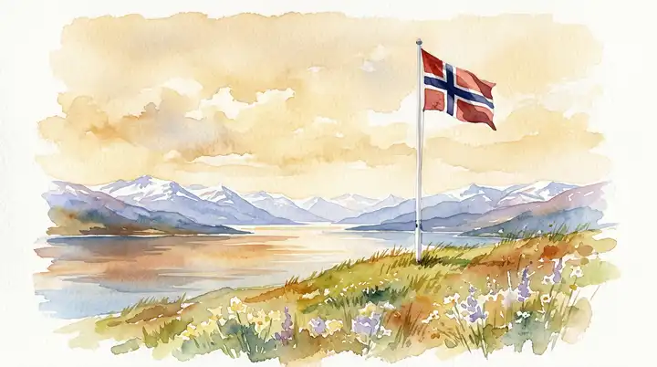 Akvarellillustrasjon av norsk flagg som vaier over fjordlandskap i sommerlys, symbol på norsk selvstendighet etter unionsoppløsningen i 1905